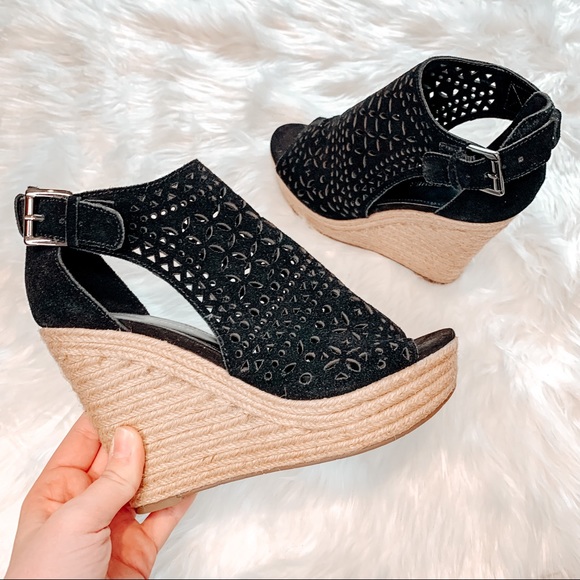 Marc Fisher Helda Wedge Sandals Espadrilles Black Perforated Suede Leather Heels - Picture 1 of 14